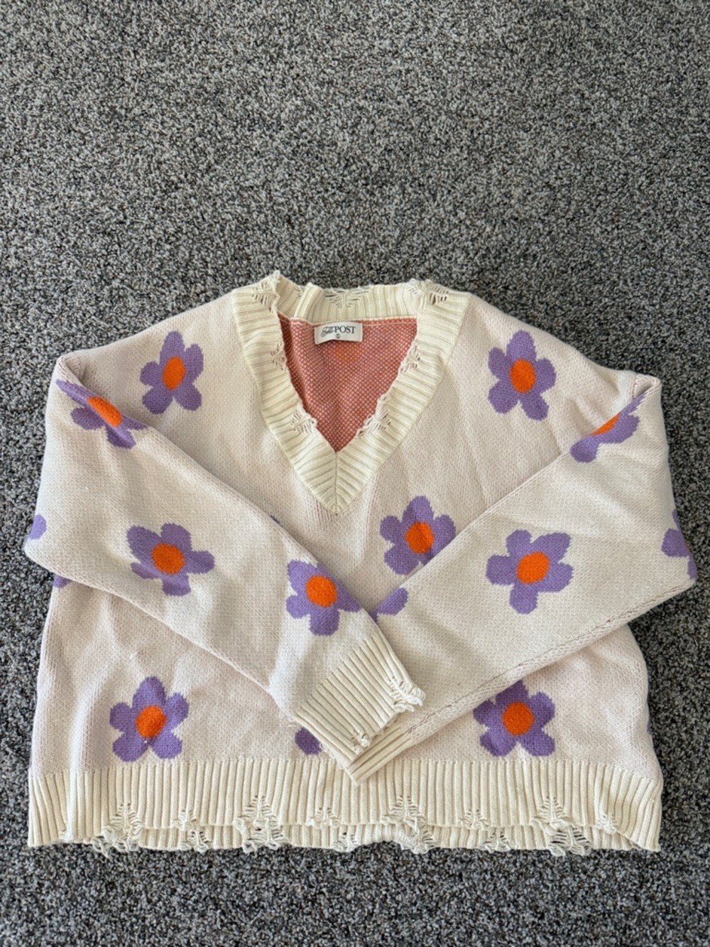 The Post Crop Cream Floral V-Neck Sweater with Purple & Orange Flowers